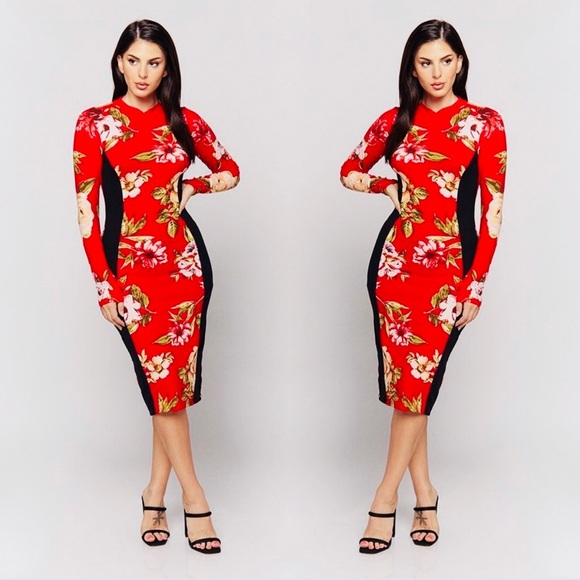 Long Sleeve Floral Print Fitted Midi Dress - Picture 1 of 4